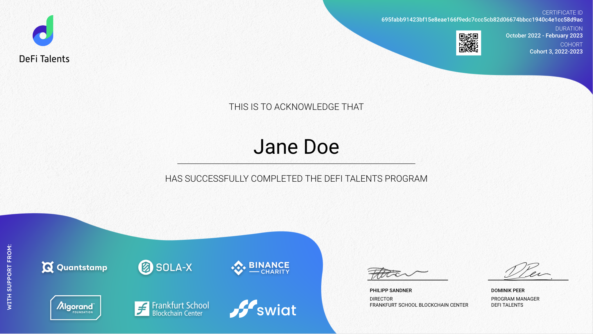 Example certificate of a DeFi talent