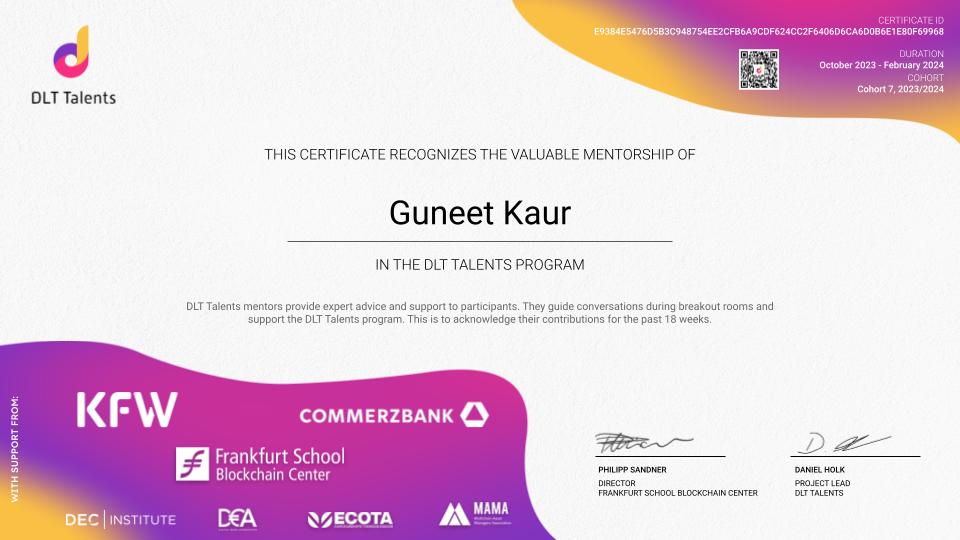 DLT Talents Mentor Certificate – Guneet Kaur
