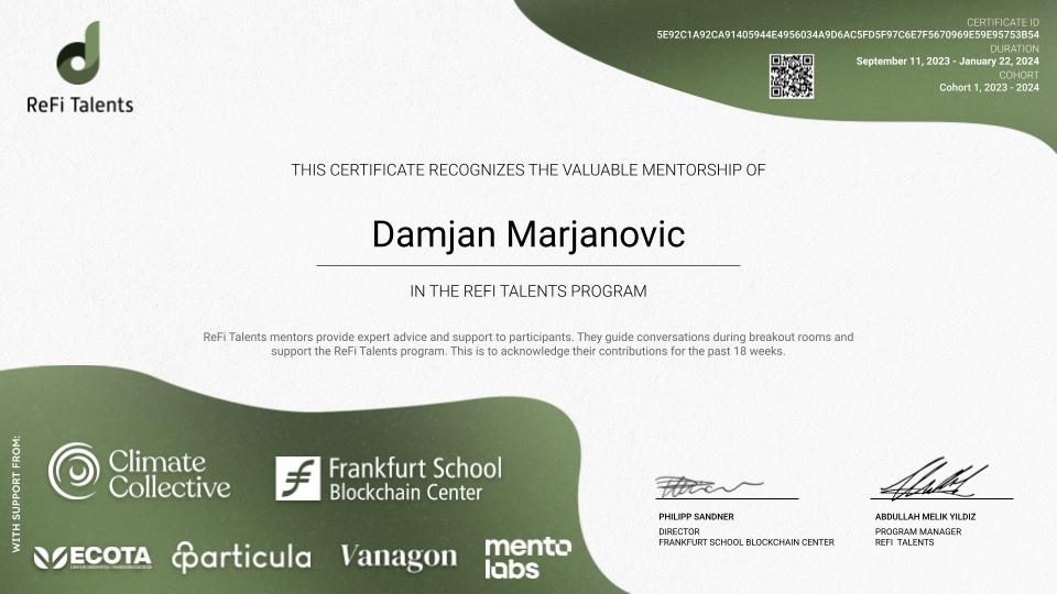 ReFi Talents Mentor Certificate – Damjan Marjanovic