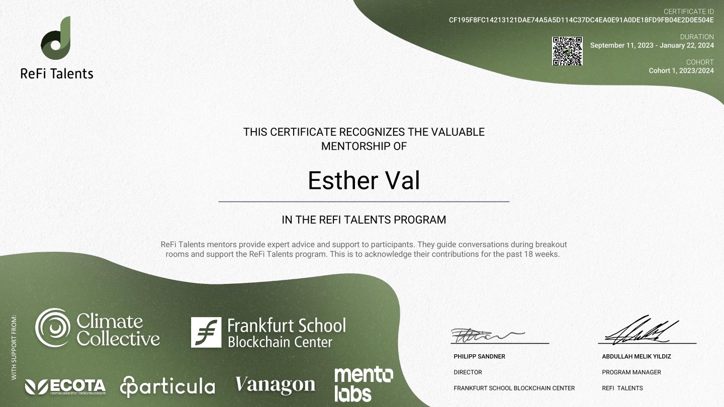 ReFi Talents Mentor Certificate – Esther Val