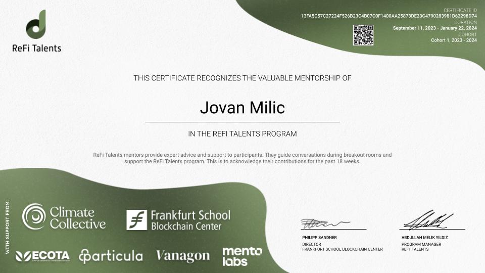 ReFi Talents Mentor Certificate – Jovan Milic
