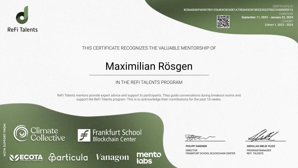 ReFi Talents Mentor Certificate – Maximilian Rösgen