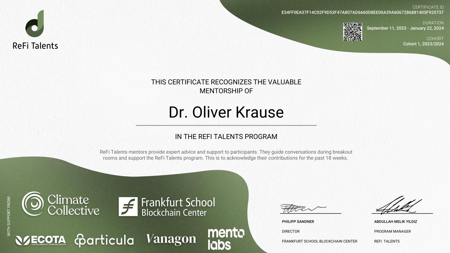 ReFi Talents Mentor Certificate – Dr. Oliver Krause