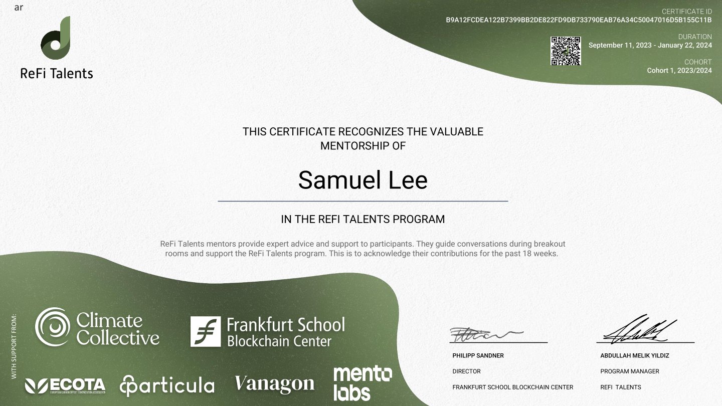ReFi Talents Mentor Certificate – Samuel Lee
